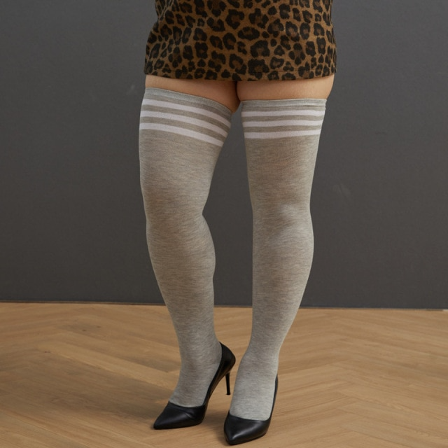 Plus Size Thigh High Socks Striped Over Knee Long Boot Stockings Knee High Tube Socks Leg Warmers for Women